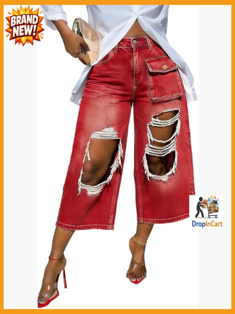 Baggy Wide Leg Cargo Capri Jeans High Waist Distressed Streetwear Pants